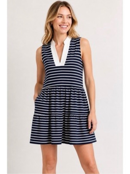Nautica Dresses & Skirts - NAUTICA Tiered Mini Dress Womens S Navy White Striped Sleeveless Pockets